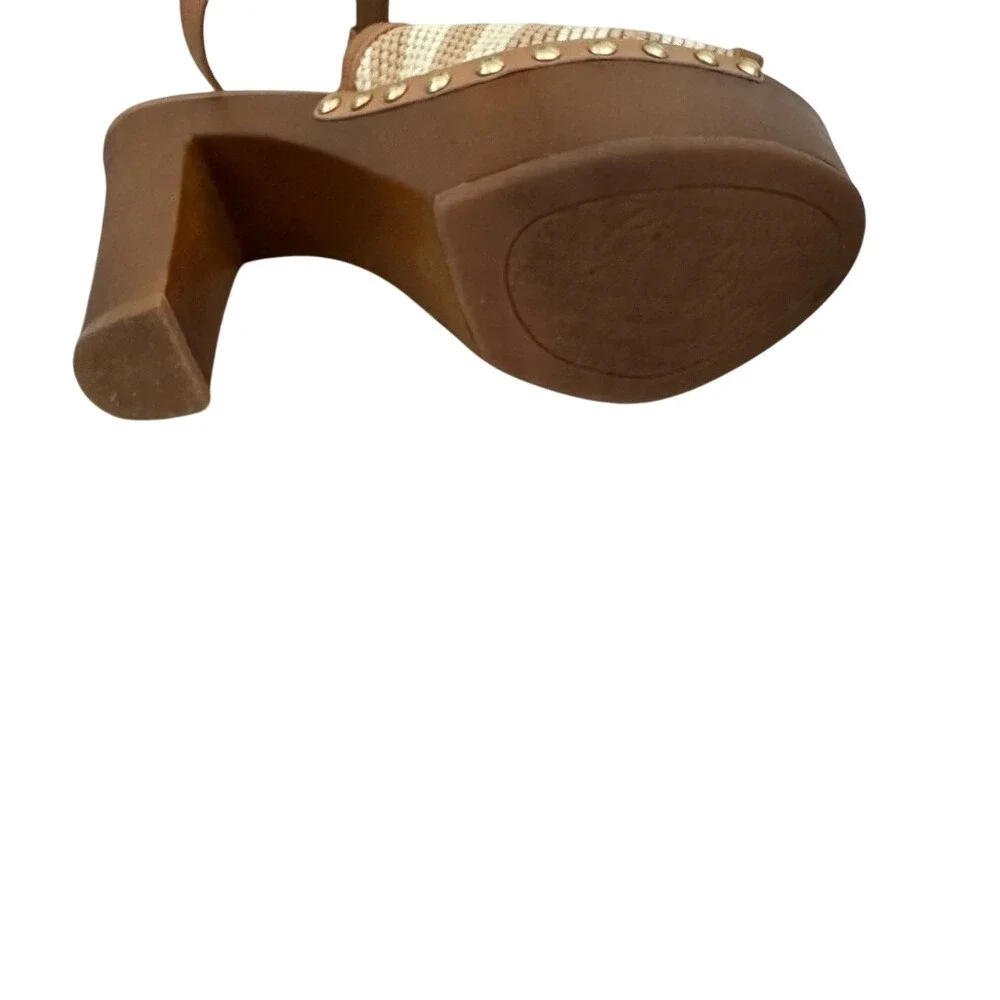 Gianni Bini Platform Heels Ankle Strap Peep‎ Toe Woven Tan Brown